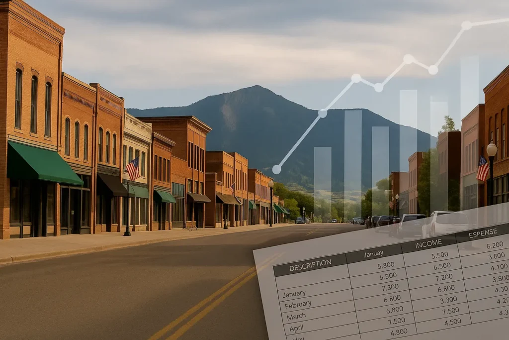 Downtown Montana main street with mountain backdrop and financial graph overlay representing cash flow management for small businesses.