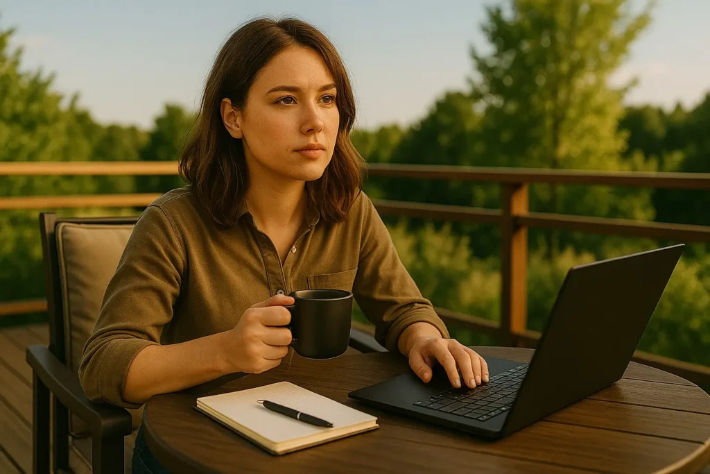 Female business owner on a sunny patio with laptop and coffee, brainstorming creative wealth strategies beyond the 401k for summer 2025.
