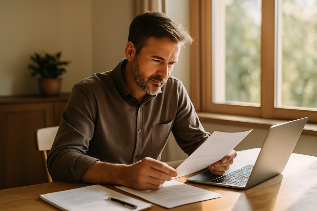 Business owner reviewing documents at a desk with a laptop and sunlight streaming in, representing a mid-year financial checkup to align business and personal goals for Q3 2025.